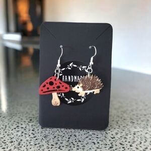 Handcrafted Wood Hedgehog & Mushroom Earrings NWT